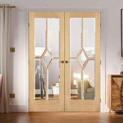Oak Reims 5 Glazed Clear Panels (Diamond) Pre-Finished Internal French Doors - All Sizes-LPD Doors-Ultra Building Supplies